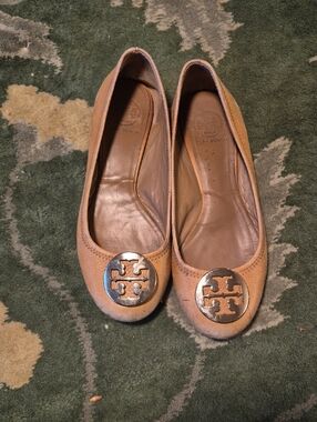 Tory Burch Camel Leather Logo Ballet Flats